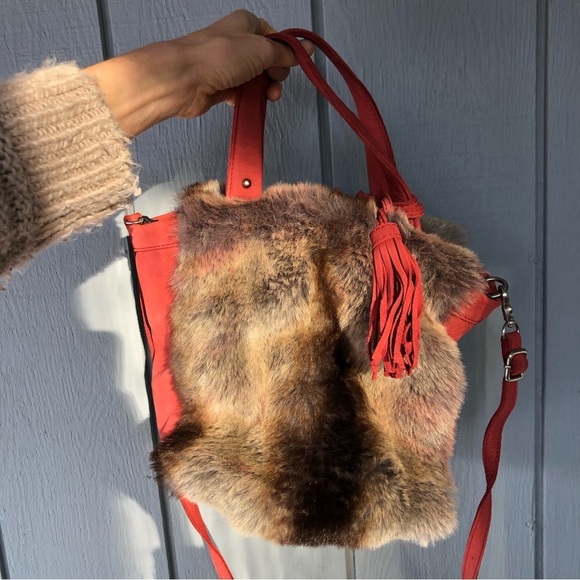 Miss Albright Handbags - MISS ALBRIGHT Womens Crossbody Cow Leather Bag Salmon Red with Fur Fringe Detail